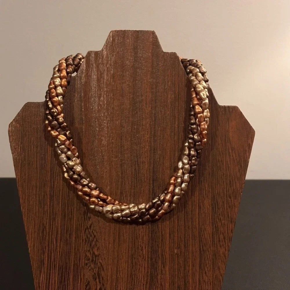 Vintage multi strand gold ombre faux pearl chunky statment necklace size 17
